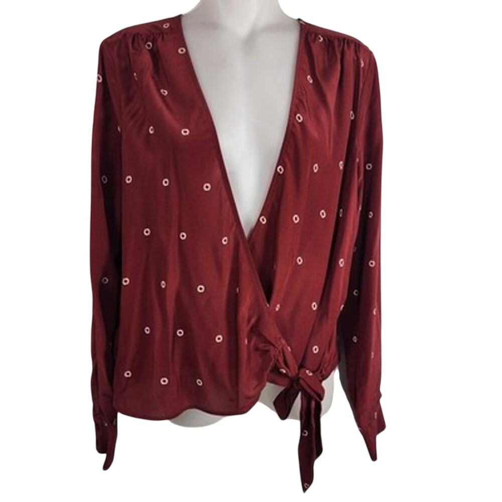 J Crew Womens Silk Tie Front Wrap Blouse Burgundy Printed Long Sleeve Dot Print